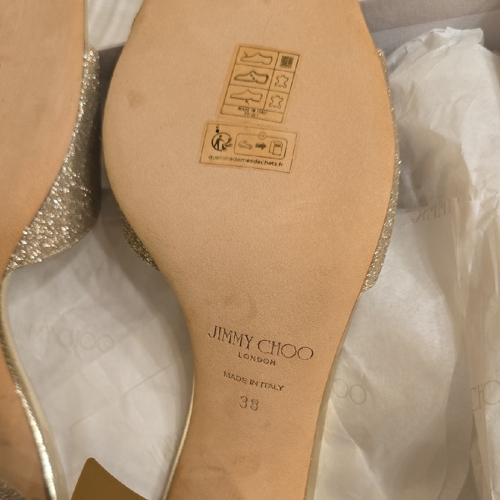 Jimmy Choo Sparkling Gold Heels with Ankle Strap Saeda Sandal Platinum Ice/cryst - Picture 12 of 14